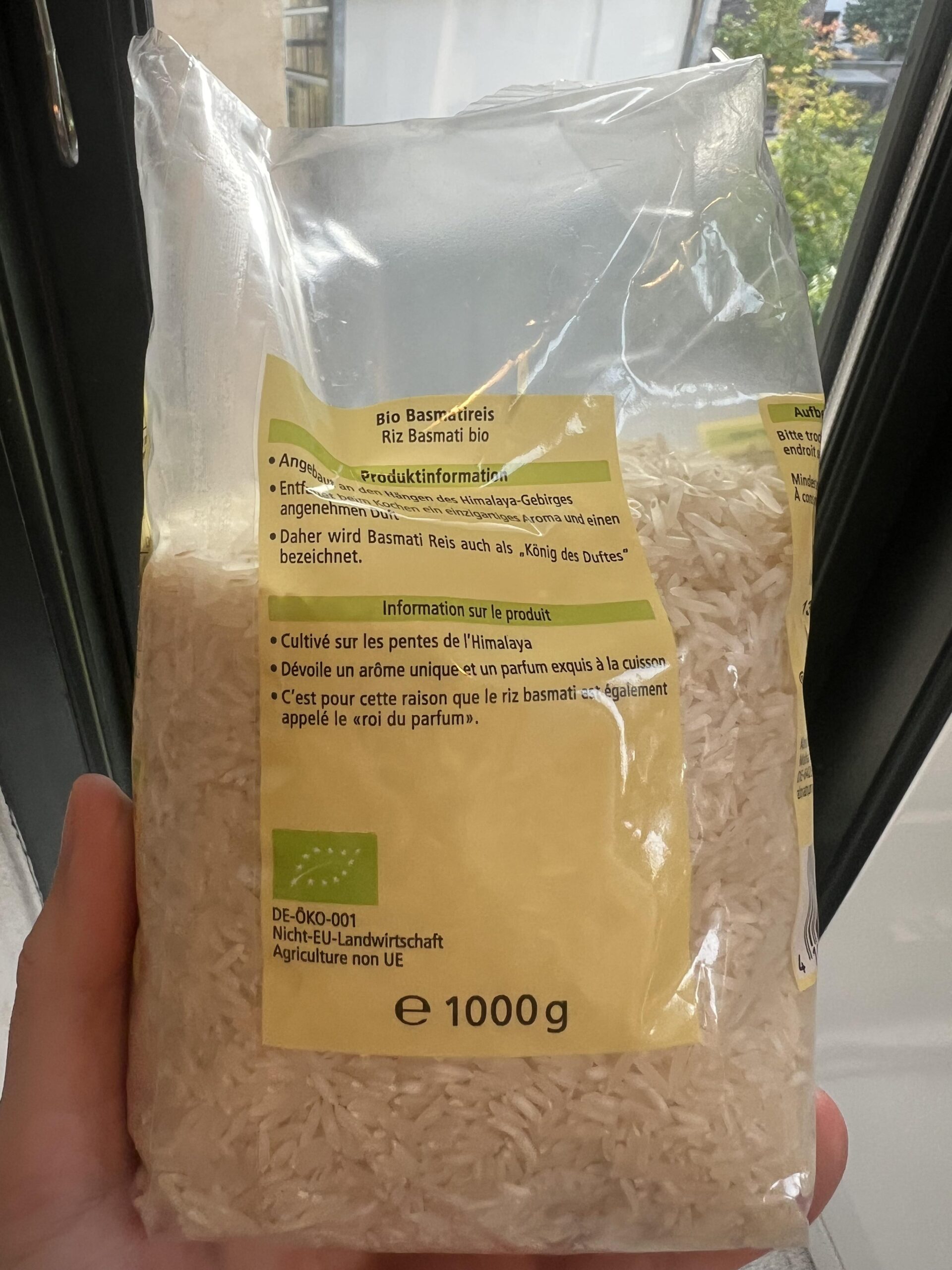Retro della confezione Alnatura Basmati con informazioni del prodotto
