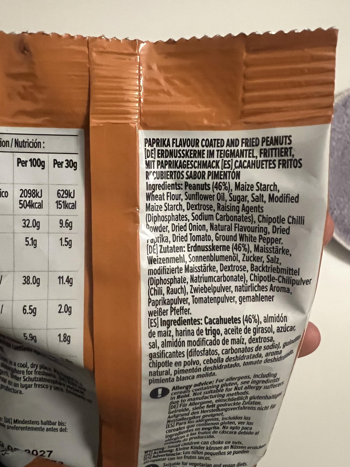 Ingredients on my by Amazon Paprika Coated Peanuts 170g package, including peanuts 46 percent and wheat flour