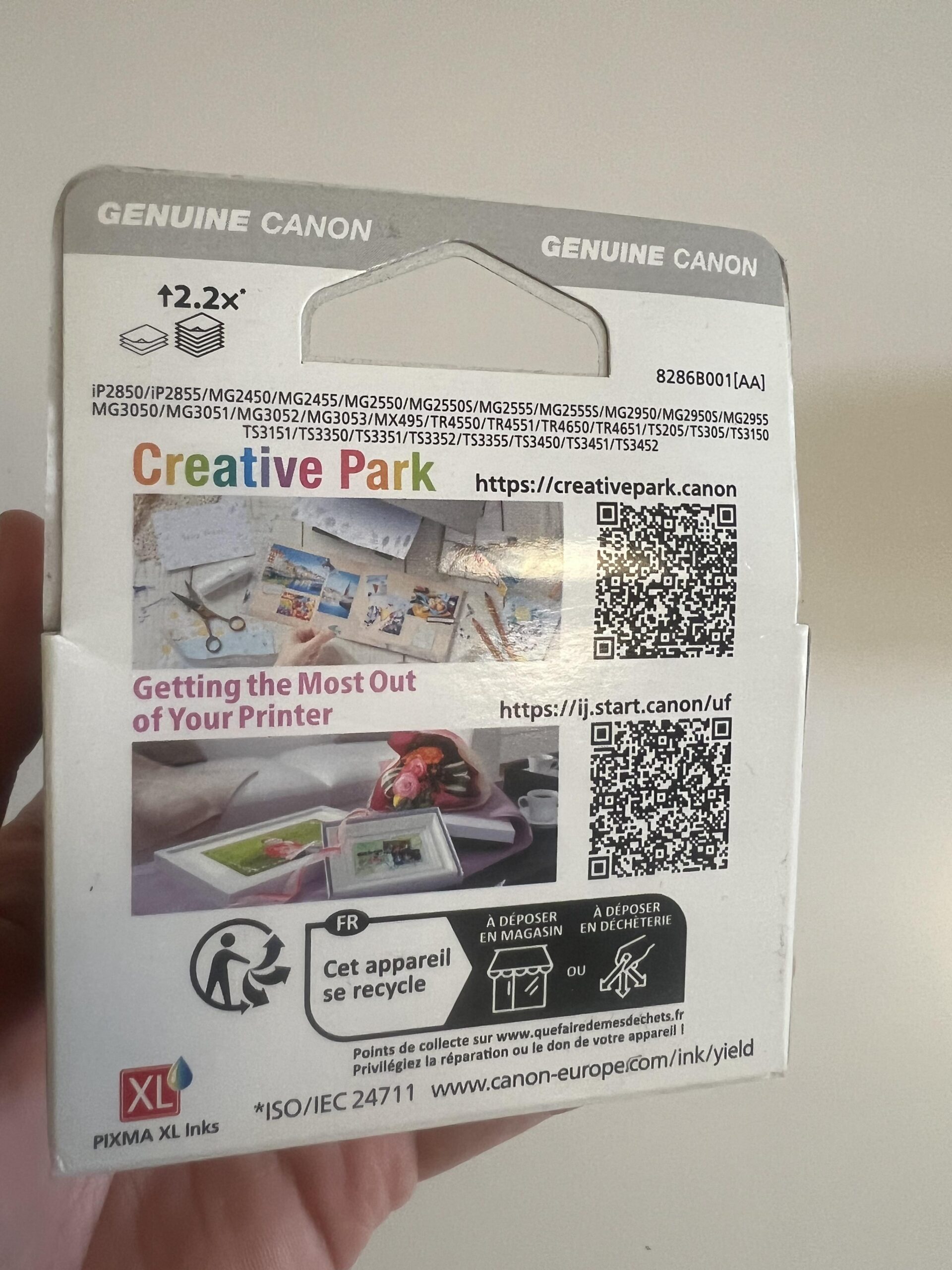 Back of my genuine Canon PG-545XL Black cartridge box showing package information