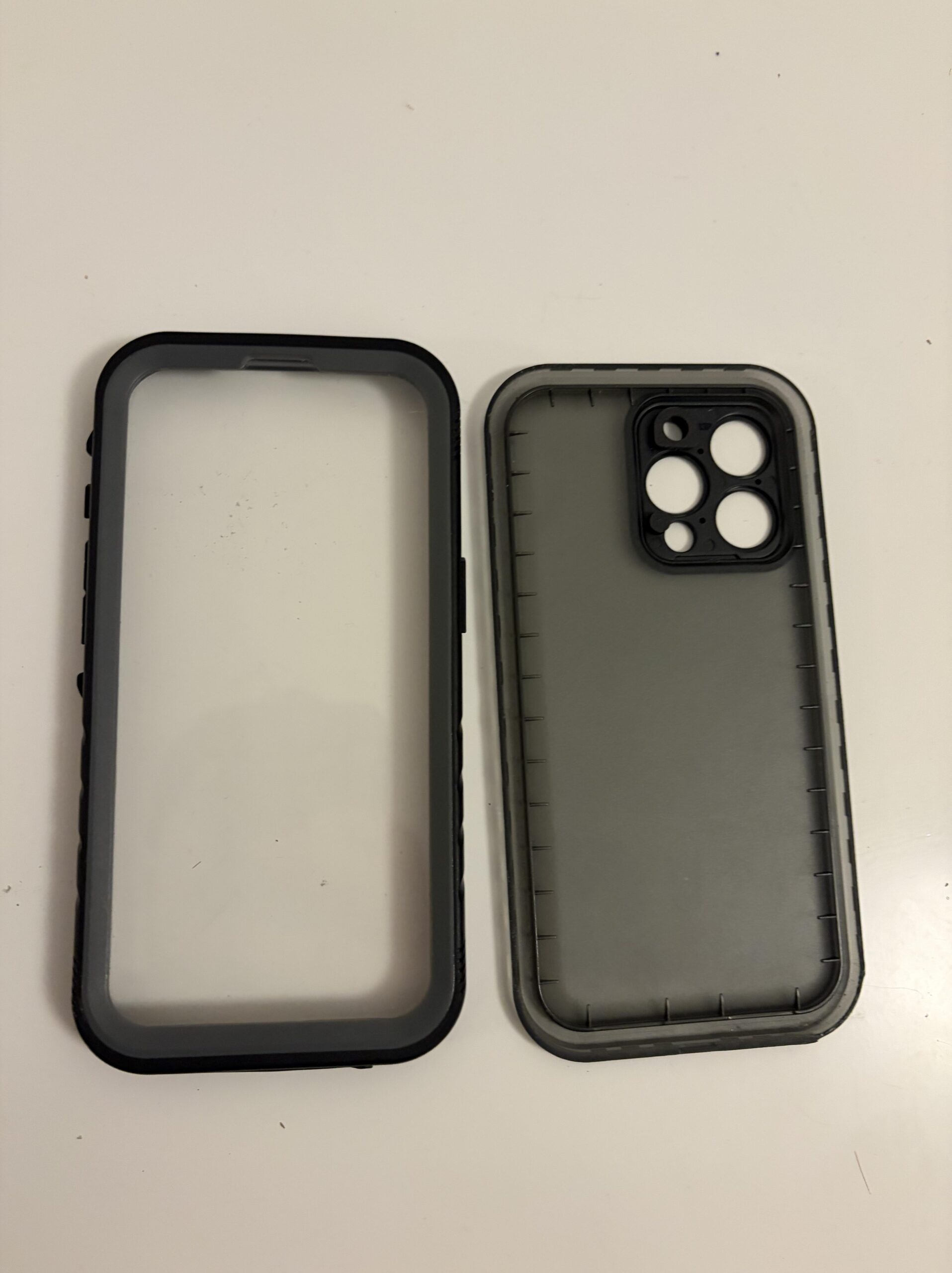Interior view of the front and back shells of my Cozycase waterproof iPhone 13 Pro case