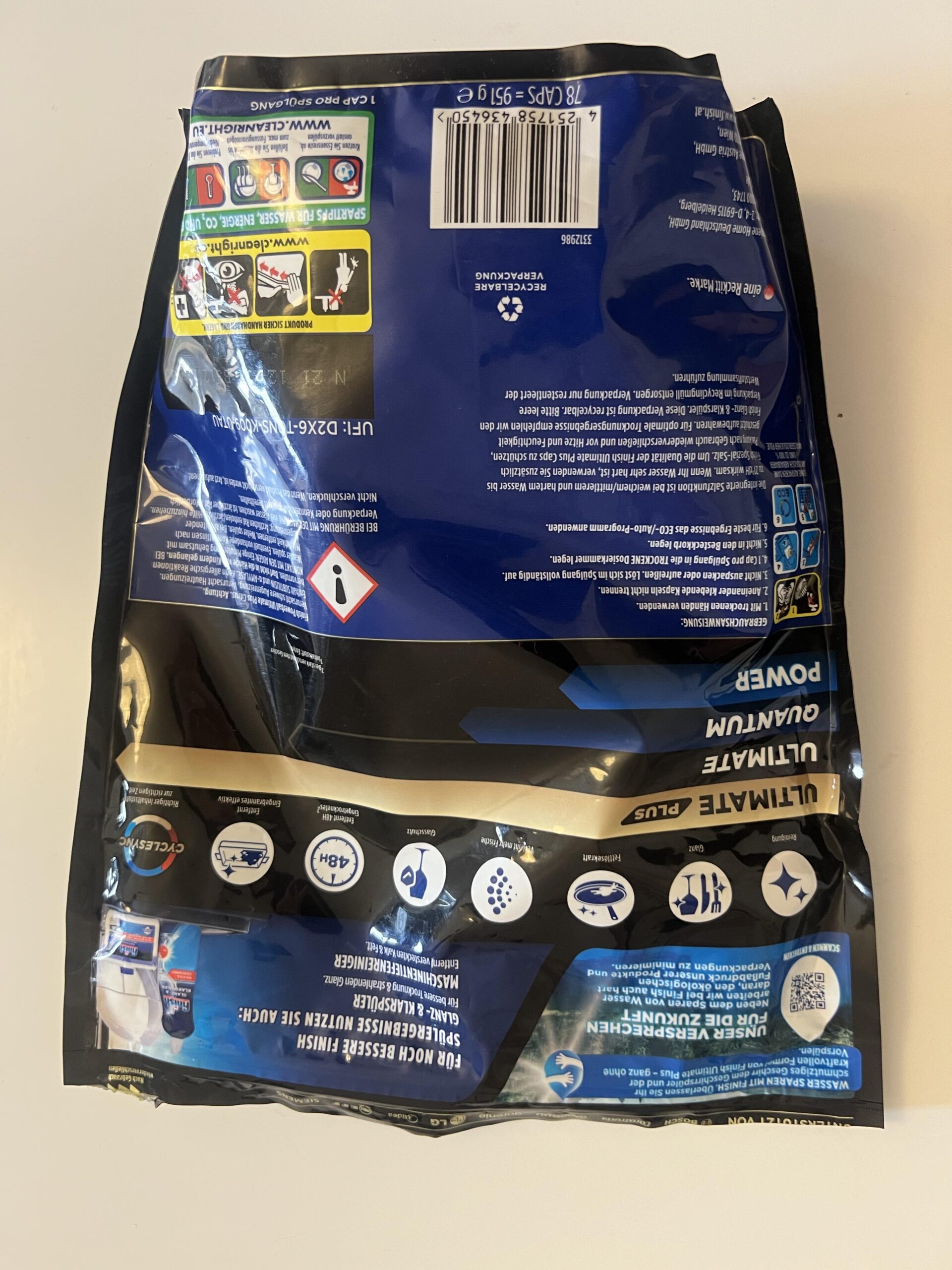 Back of my Finish Ultimate Plus Citrus 78-caps pouch, showing packaging information and usage directions