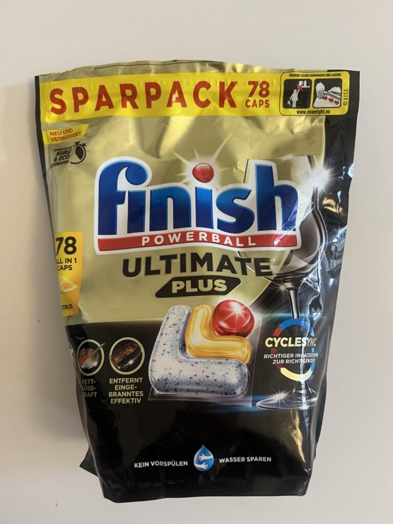 Upright front-facing original photo of Finish Powerball Ultimate Plus Citrus 78-caps pouch showing the Finish branding and packaging