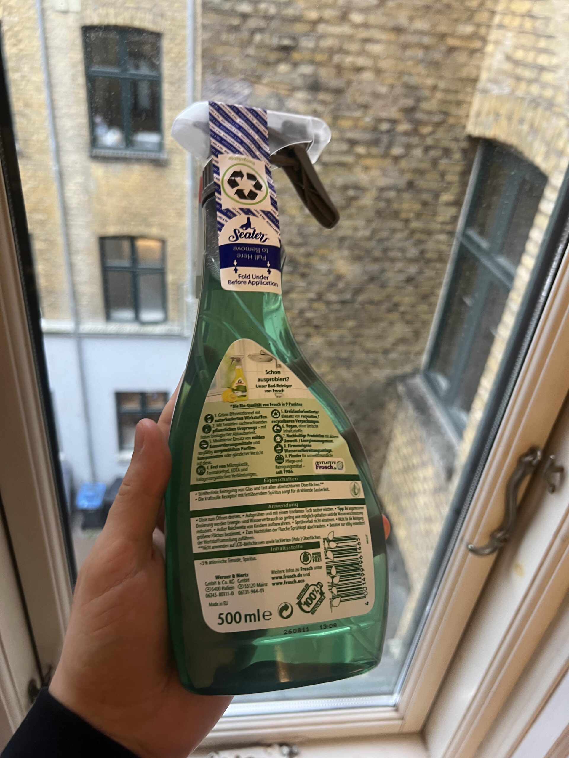 Back label of my 500 ml Frosch Spirit glass cleaner bottle