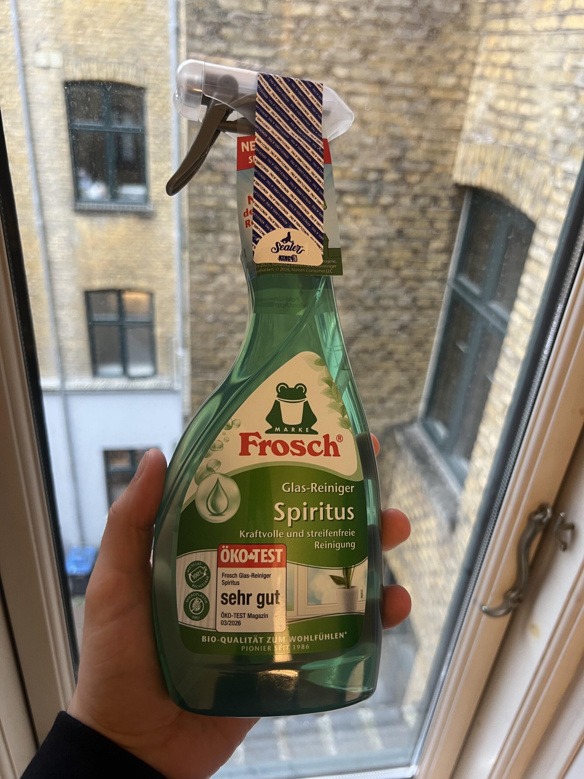 My Frosch Glas-Reiniger Spiritus 500 ml green spray bottle, front label visible, held by a window