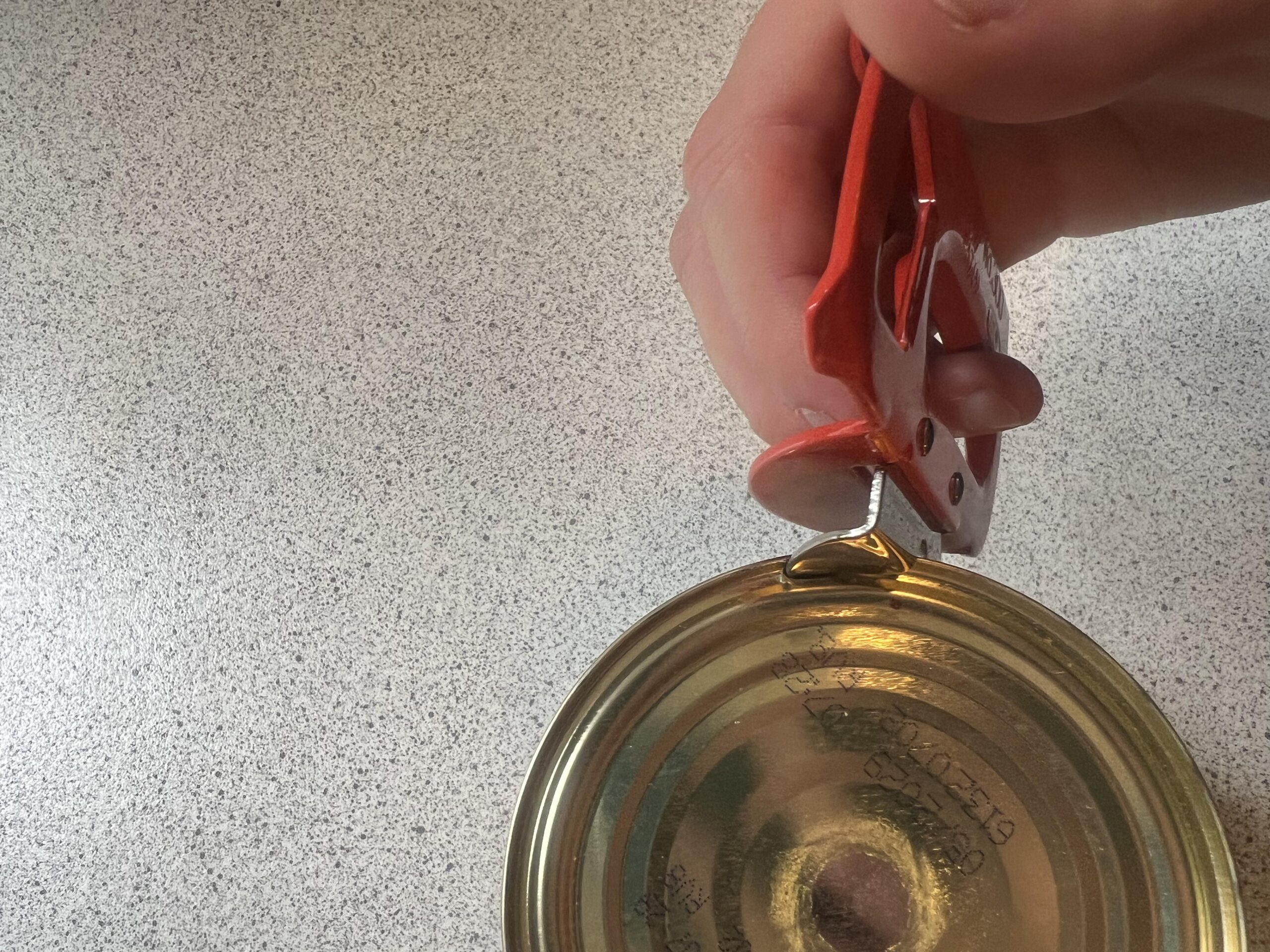 Ganji Kankiri Dosenöffner beim Öffnen einer Lebensmitteldose mit der Hand