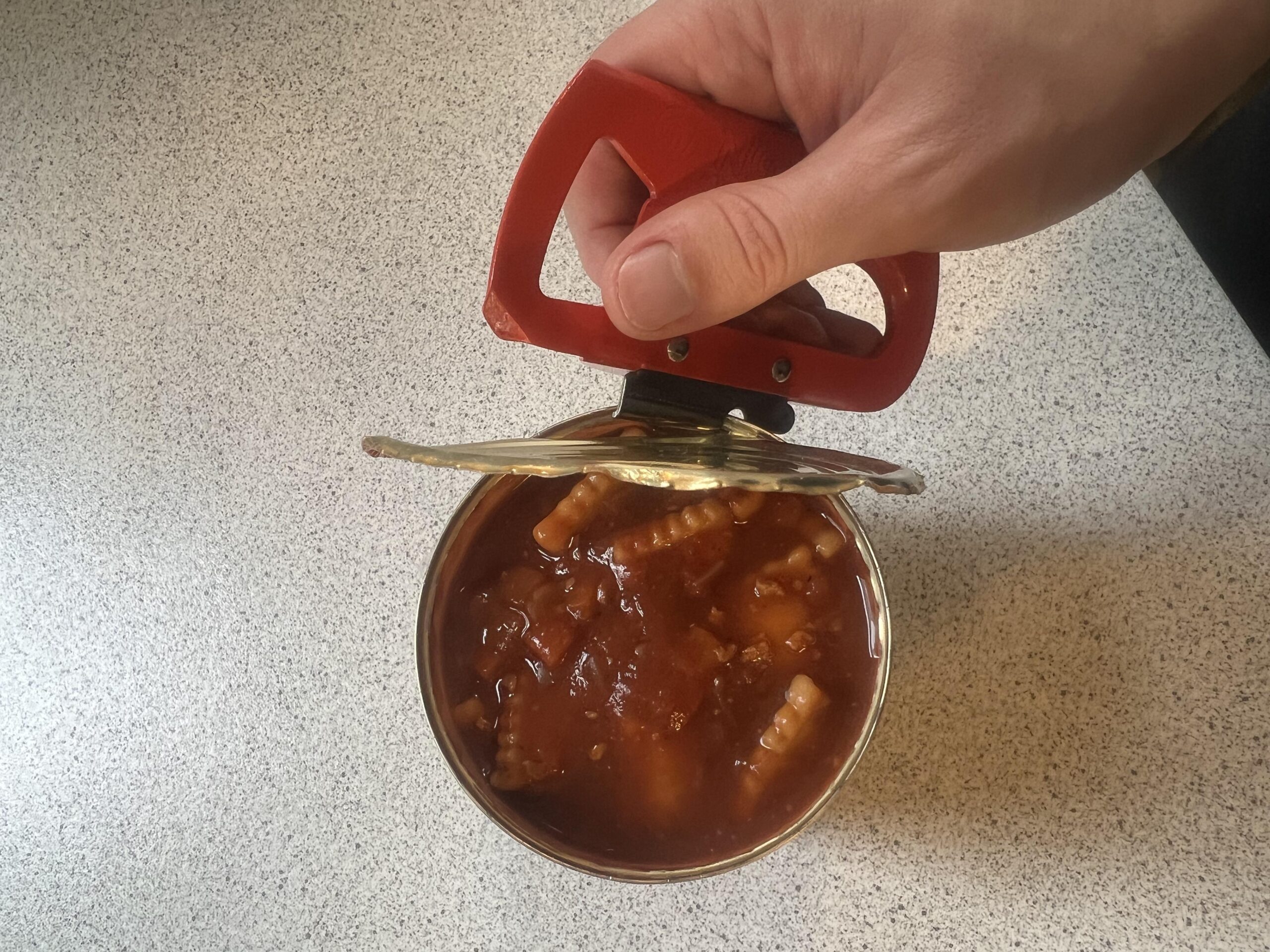 Ganji Kankiri Dosenöffner auf dem Deckel einer geöffneten Lebensmitteldose
