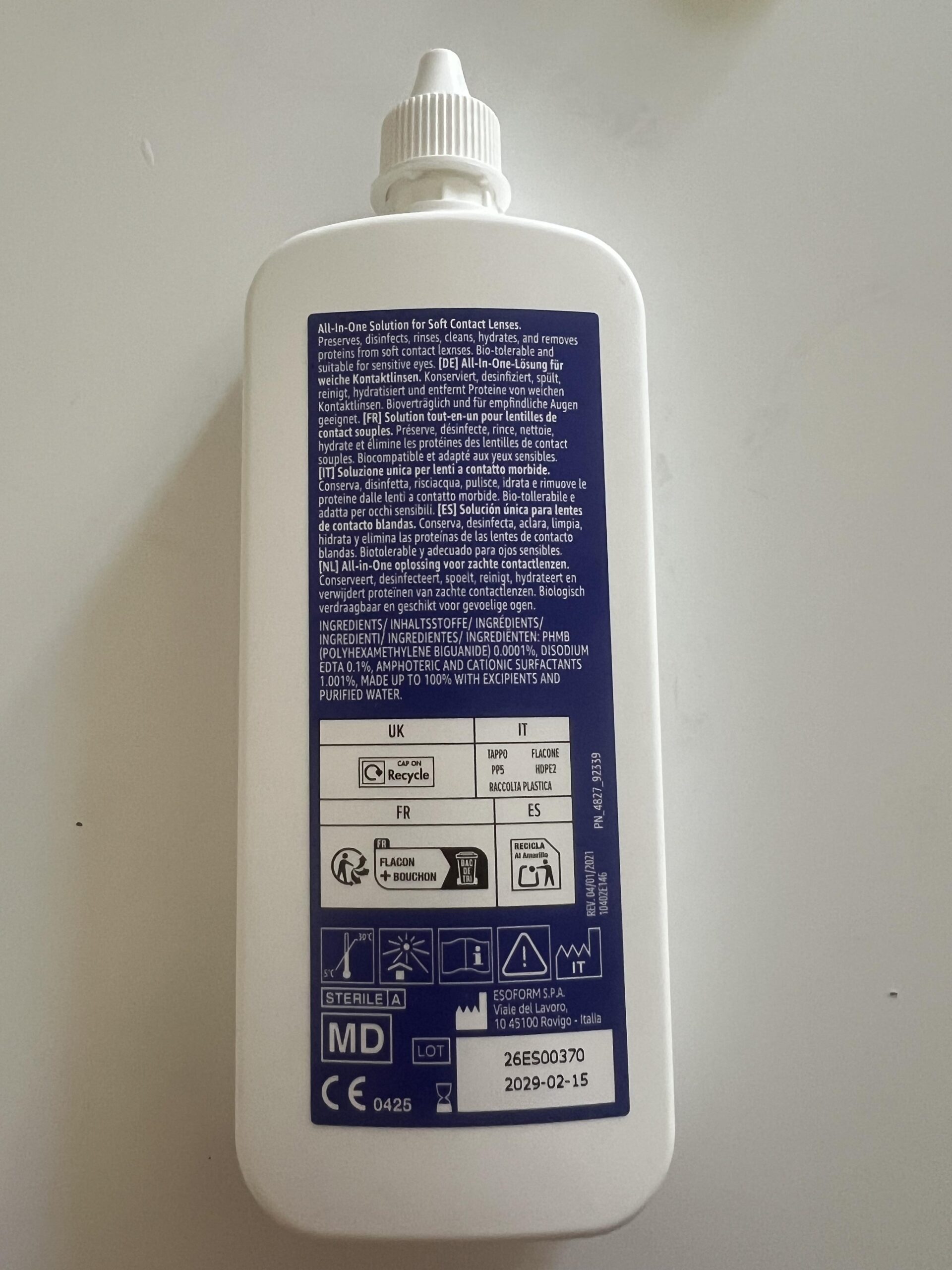 Original photo showing rear label and ingredient information on my Healthcare by Amazon All-In-One contact lens solution bottle