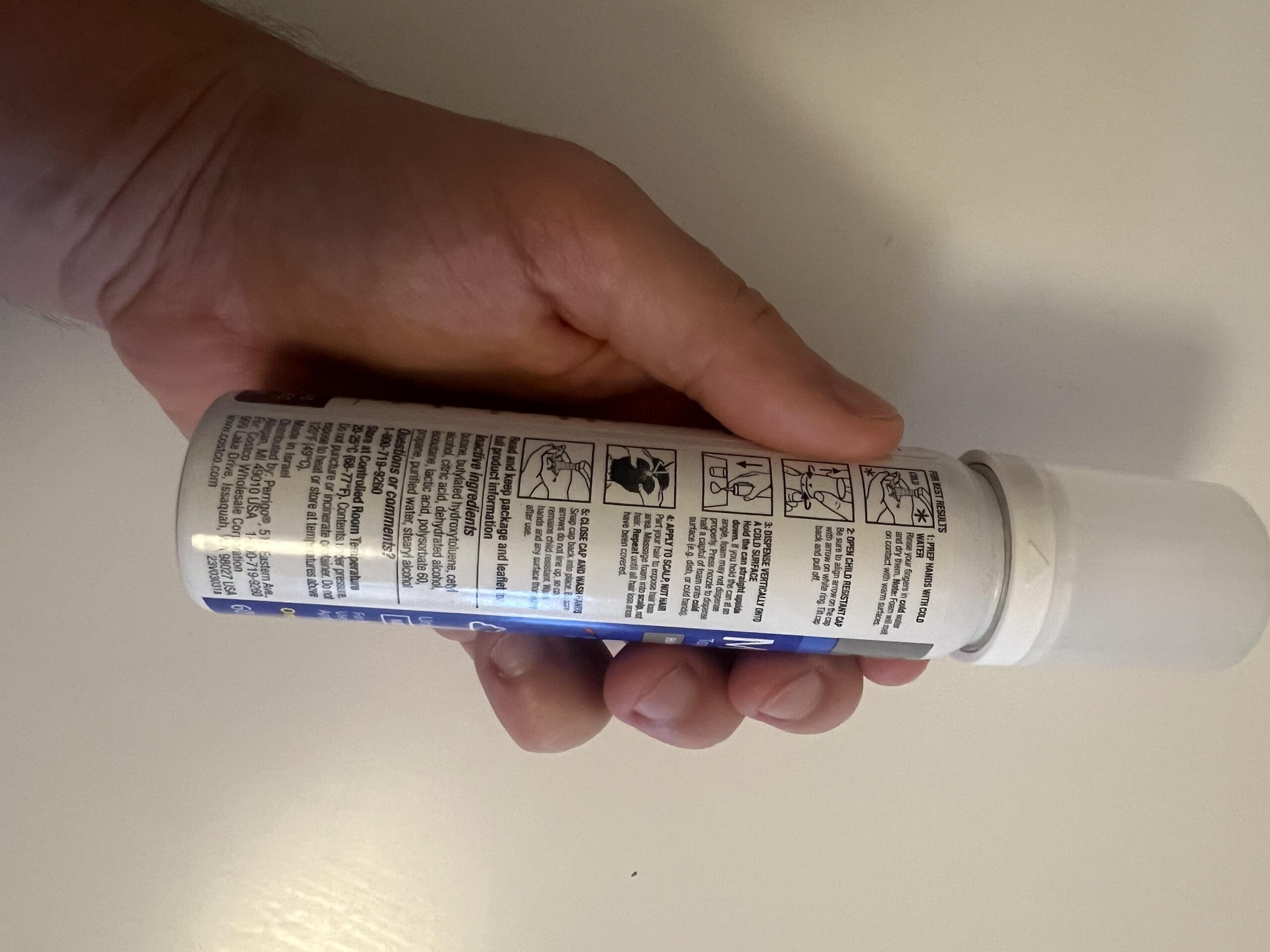 Original photograph of the Kirkland five percent foam can side with inactive ingredient list and printed directions