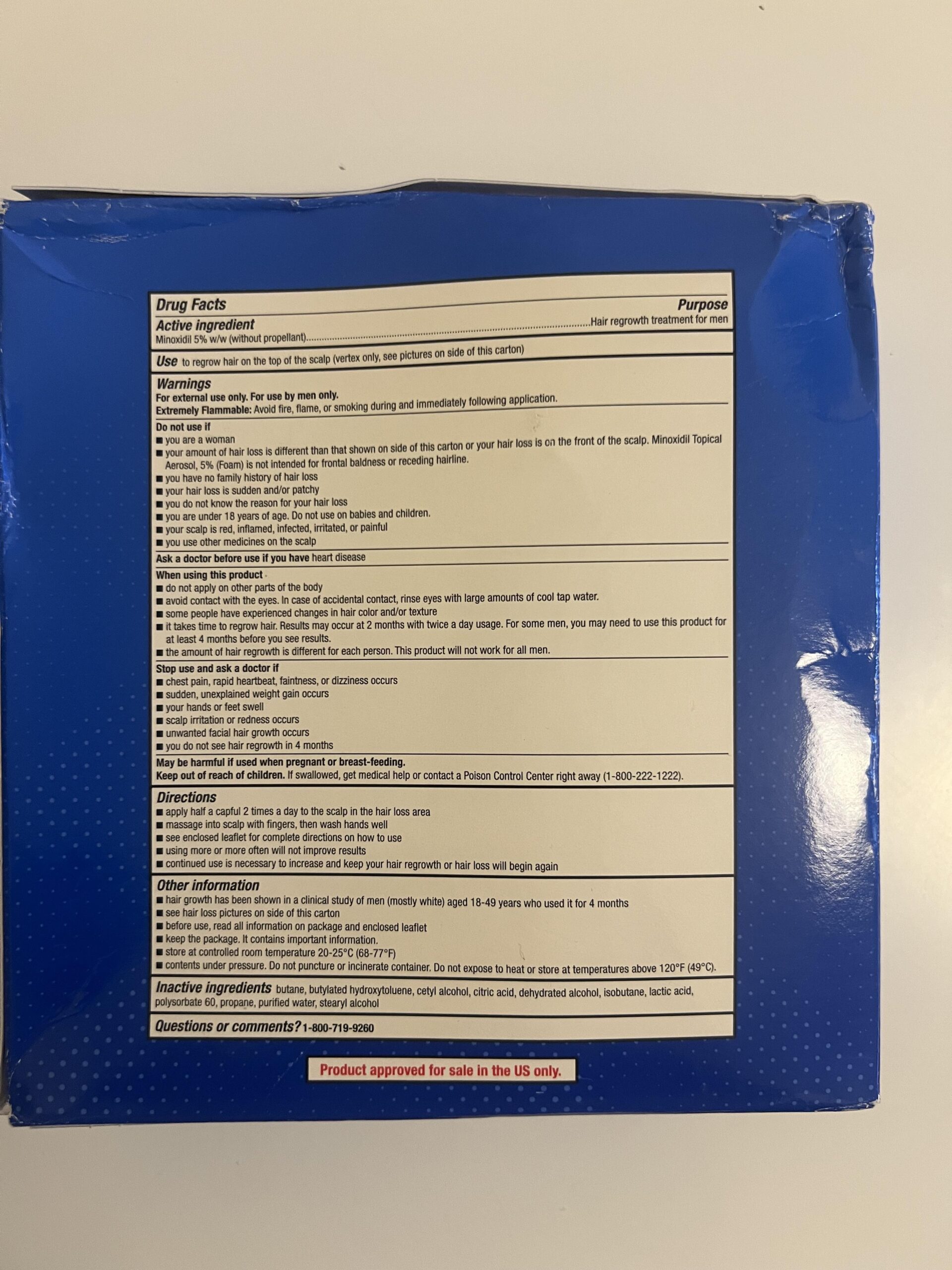 My Kirkland minoxidil five percent foam carton US Drug Facts back label with directions, warnings and ingredients