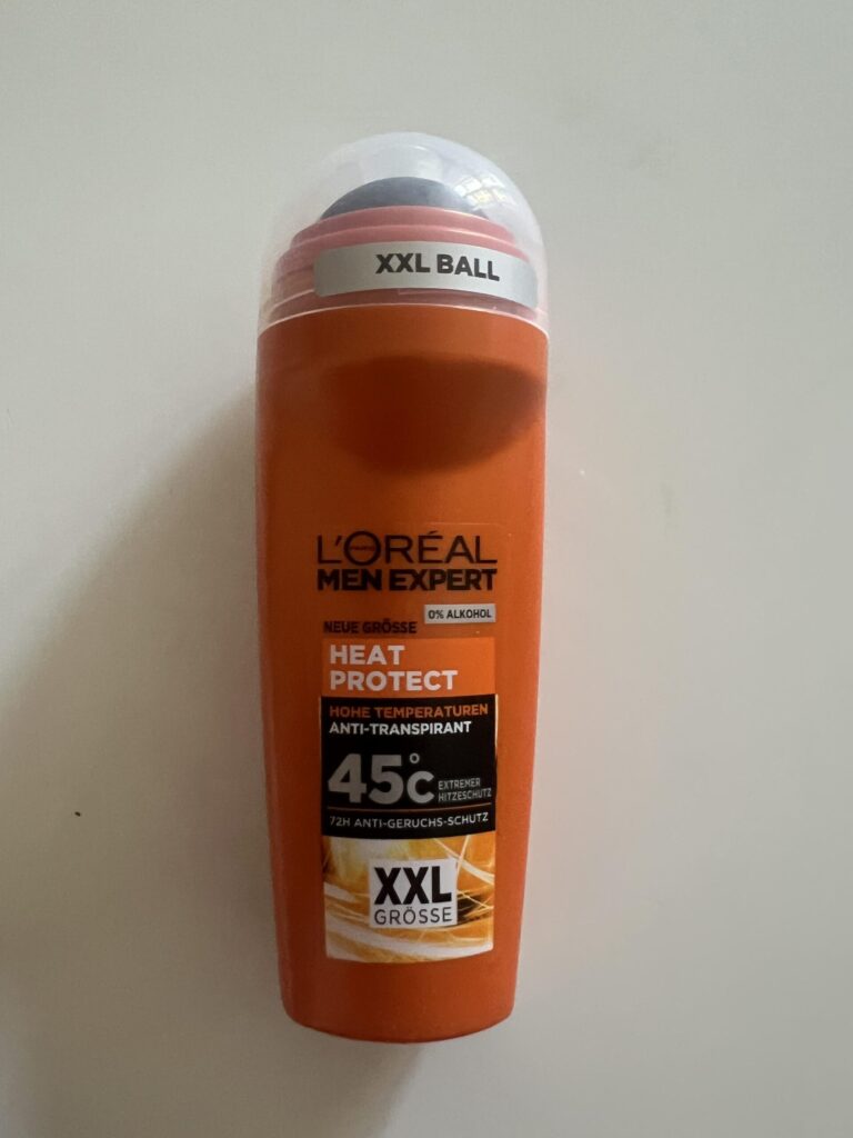 My original front photo of orange L'Oréal Men Expert Heat Protect 45°C 72-hour anti-perspirant 100 ml XXL Ball roll-on bottle with clear cap