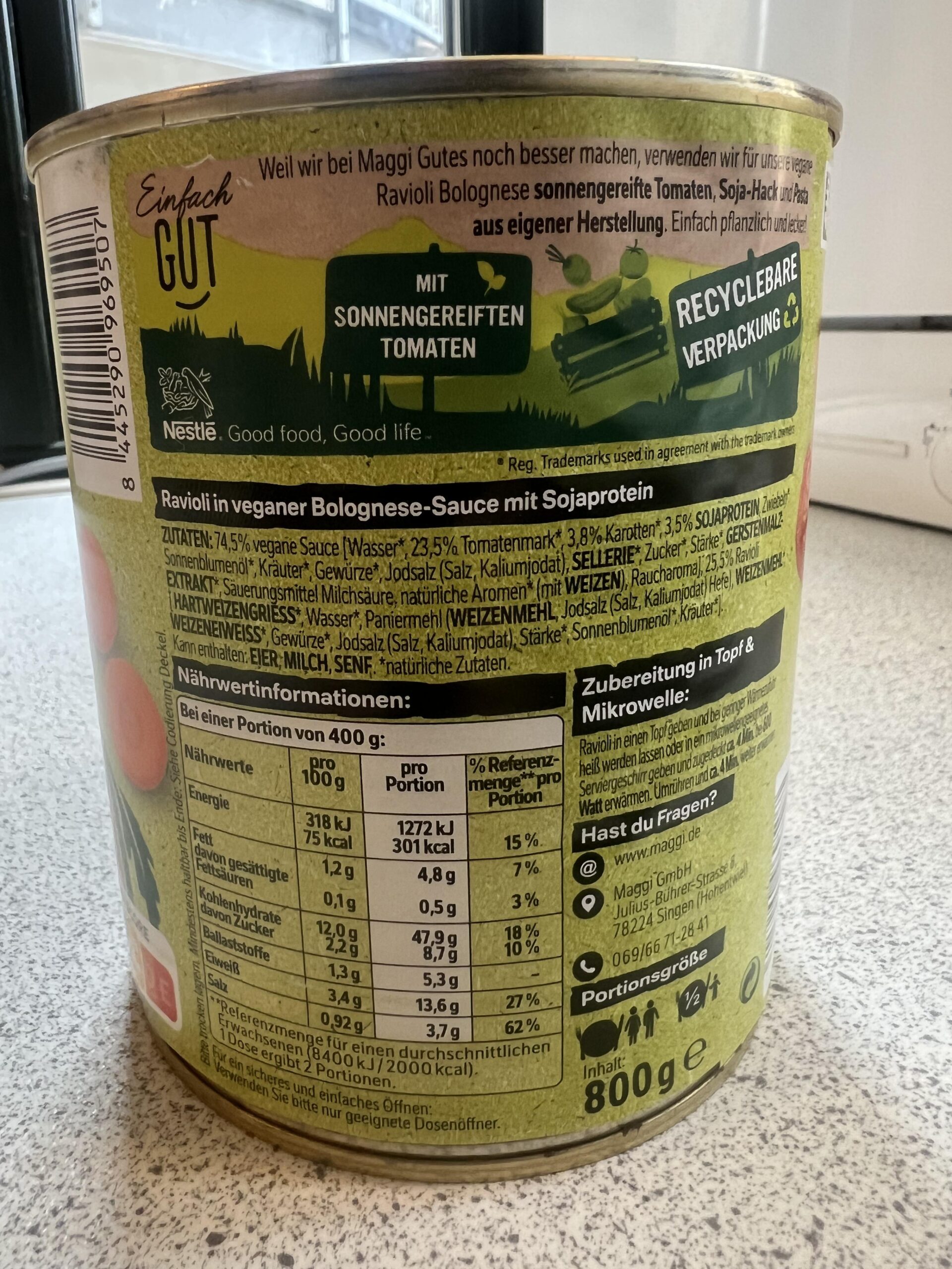 Etichetta originale ingredienti e valori nutrizionali Maggi Veg Ravioli 800 g