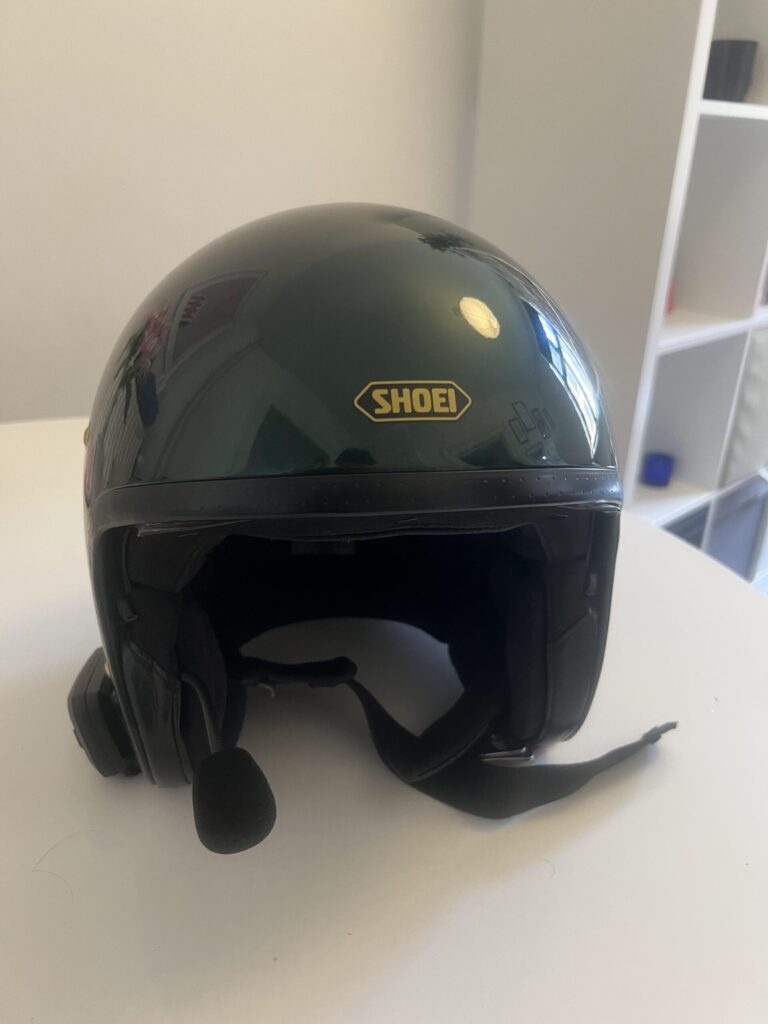 SHOEI J.O British Green open-face helmet after roughly 25,000 km of use