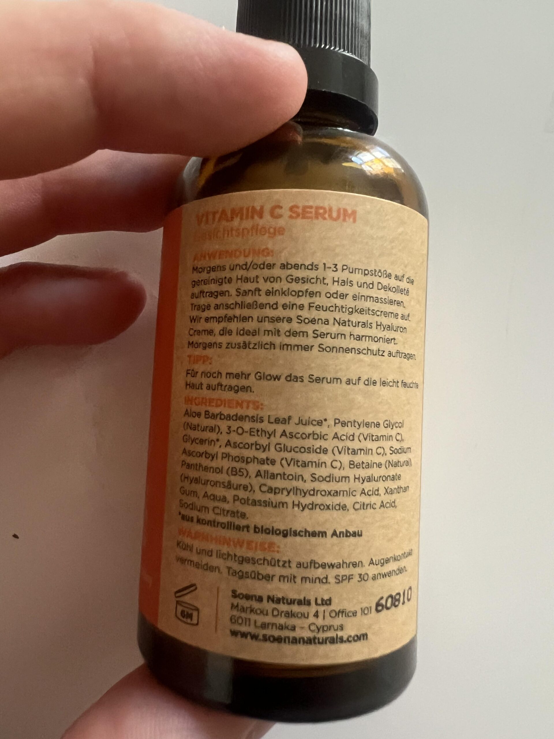 Original Soena Naturals Vitamin C Serum bottle back label with ingredient list and directions